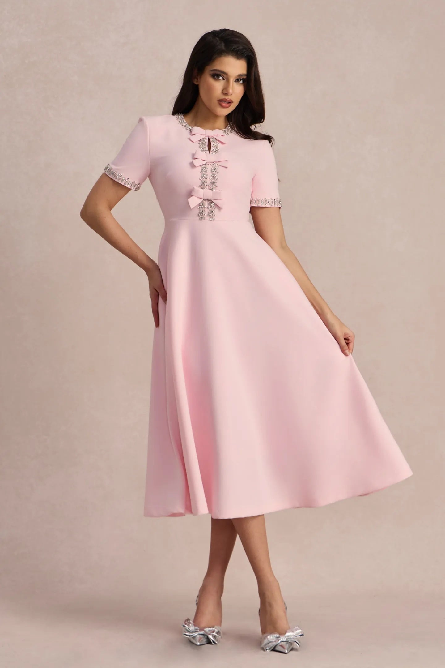 Zoe Bowknot Crystal Embellished Midi Dress