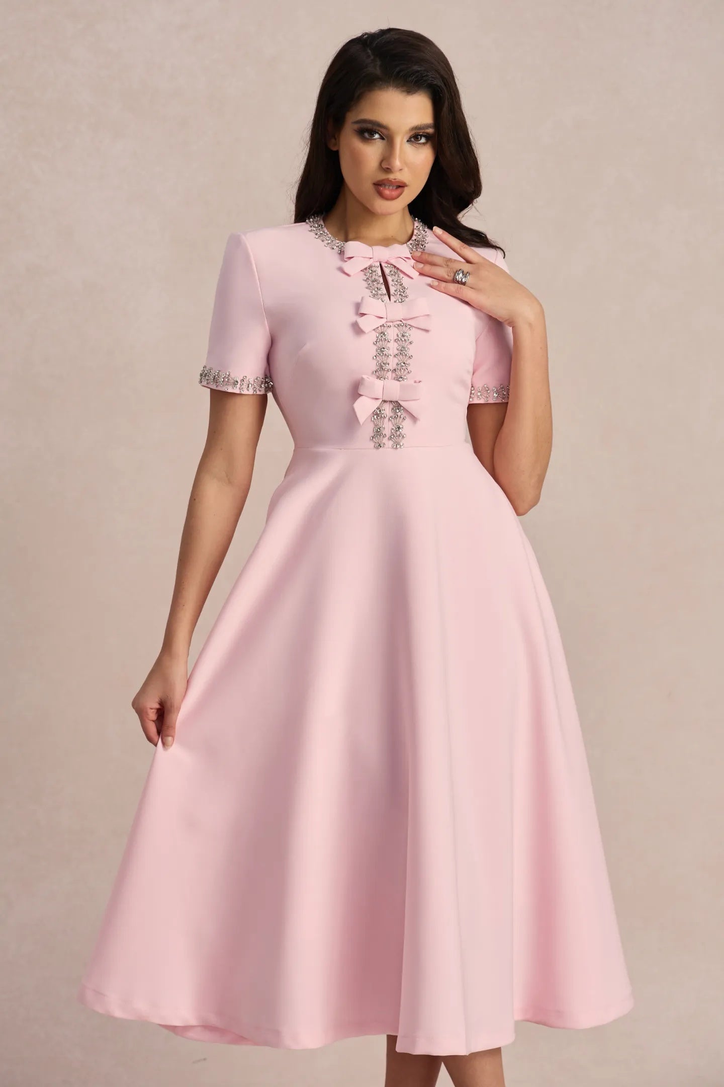 Zoe Bowknot Crystal Embellished Midi Dress