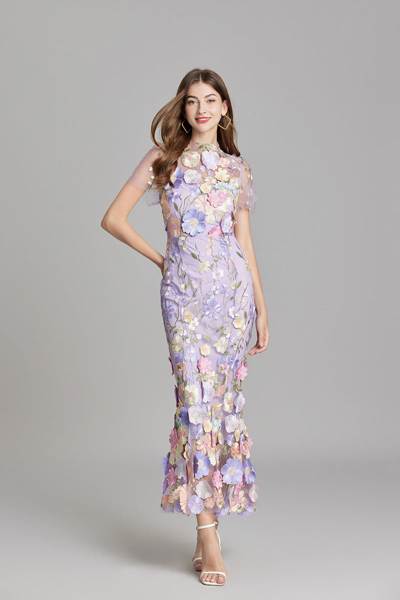 Women’s Elegant Maxi Dress – Floral Embroidered, Illusion Neck, Short Sleeve