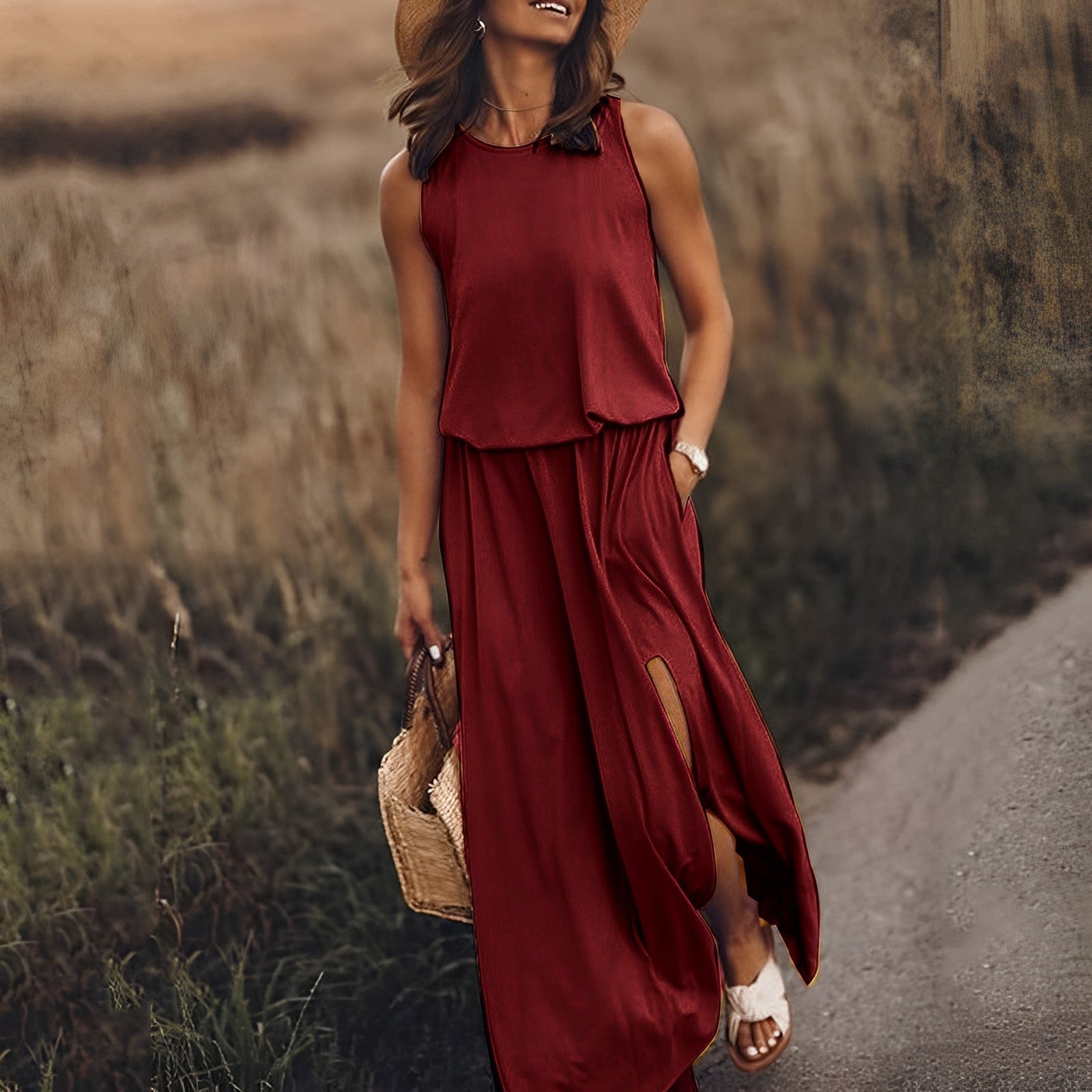 Women’s Maxi Dress – Sleeveless Boho Layered Top with Side Slit & Pockets