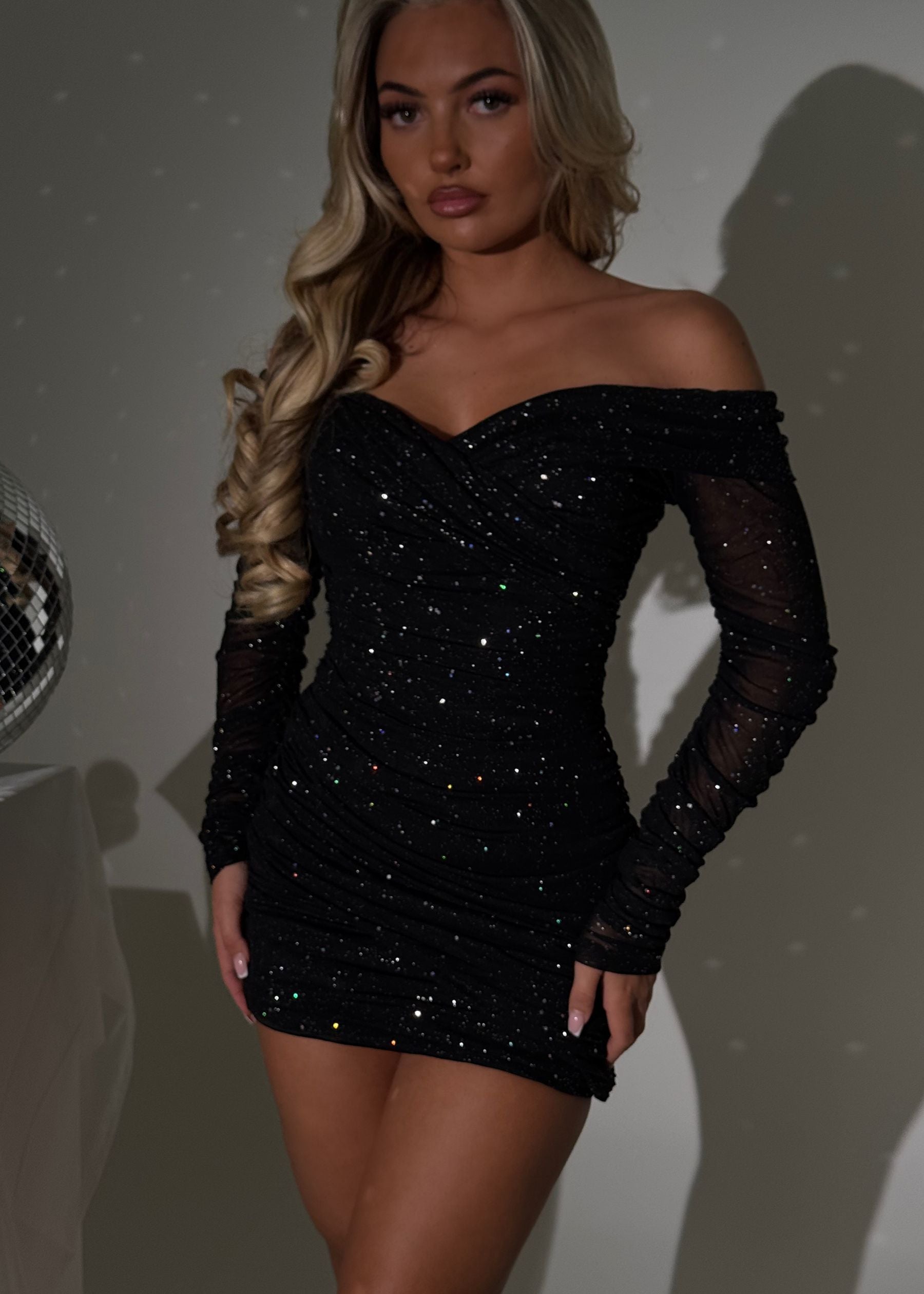 Kylie Sparkle Mesh Mini Dress - Black Sparkle
