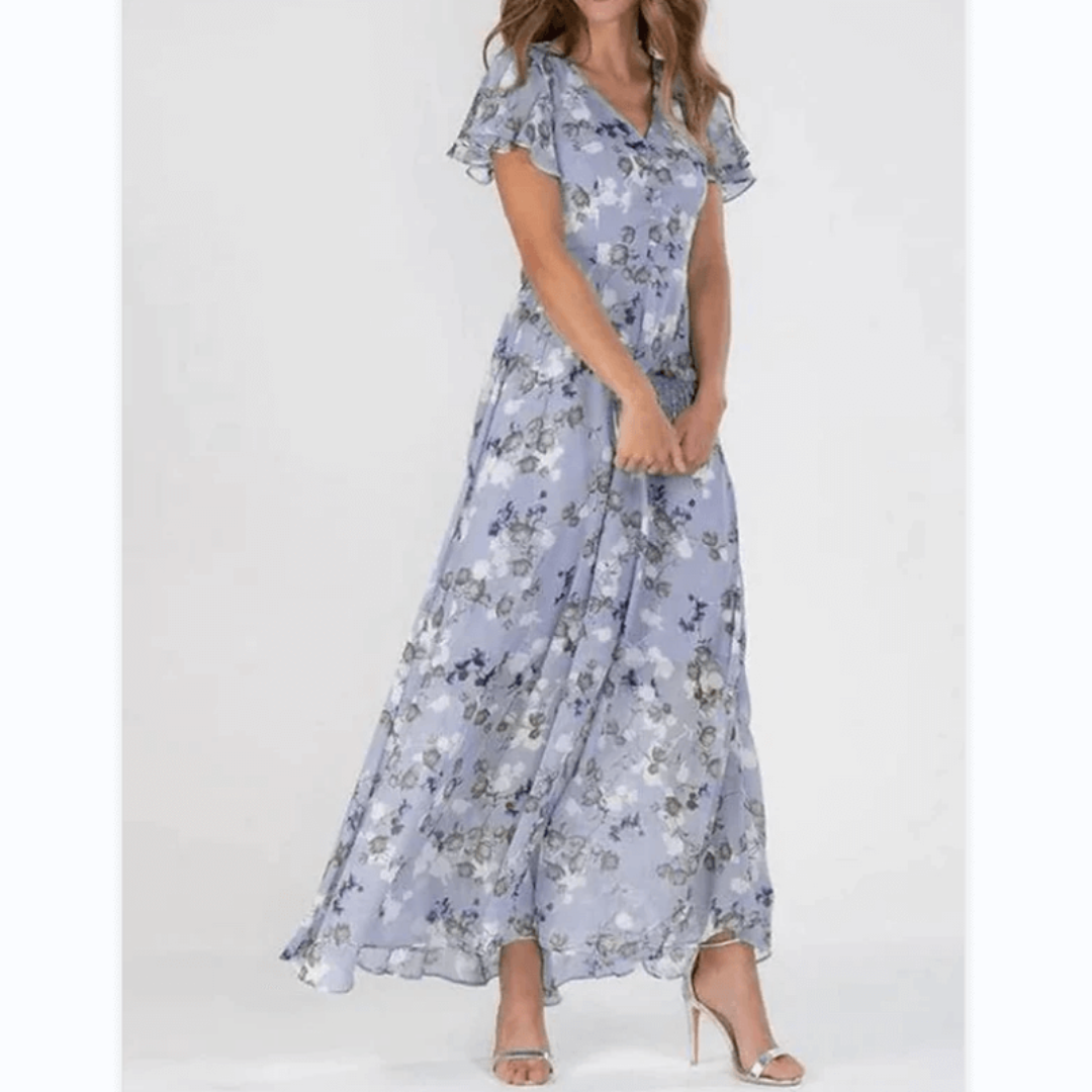 Women’s A-Line Maxi Dress – V-Neck, Flutter Sleeves, Floral Print, Wedding Guest
