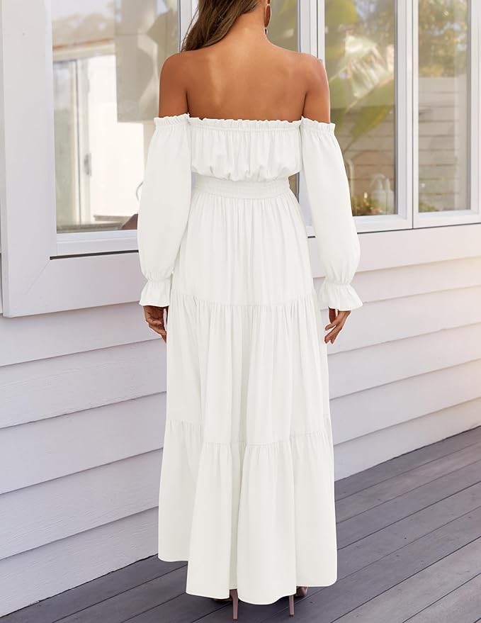Women’s White Off-Shoulder Maxi Dress – Long Puff Sleeves, Smocked Waist & Side Slit